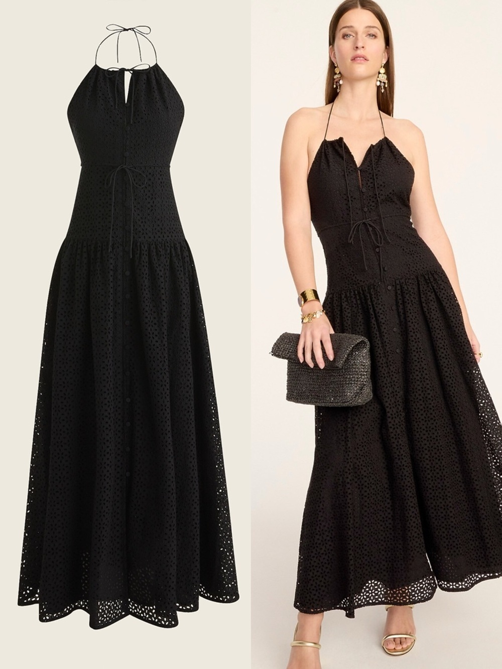 J Crew Collection • Anguilla Halter Dress black cotton eyelet drop waist maxi